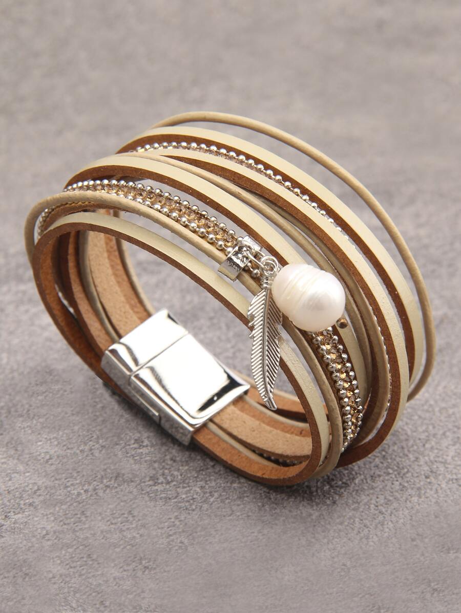 Vòng đeo tay nhiều lớp trang trí lông vũ - Màu Khaki - Xem 1