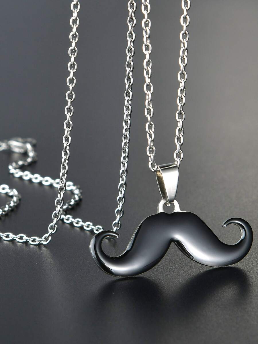 Men Mustache Charm Necklace - Black - View 1