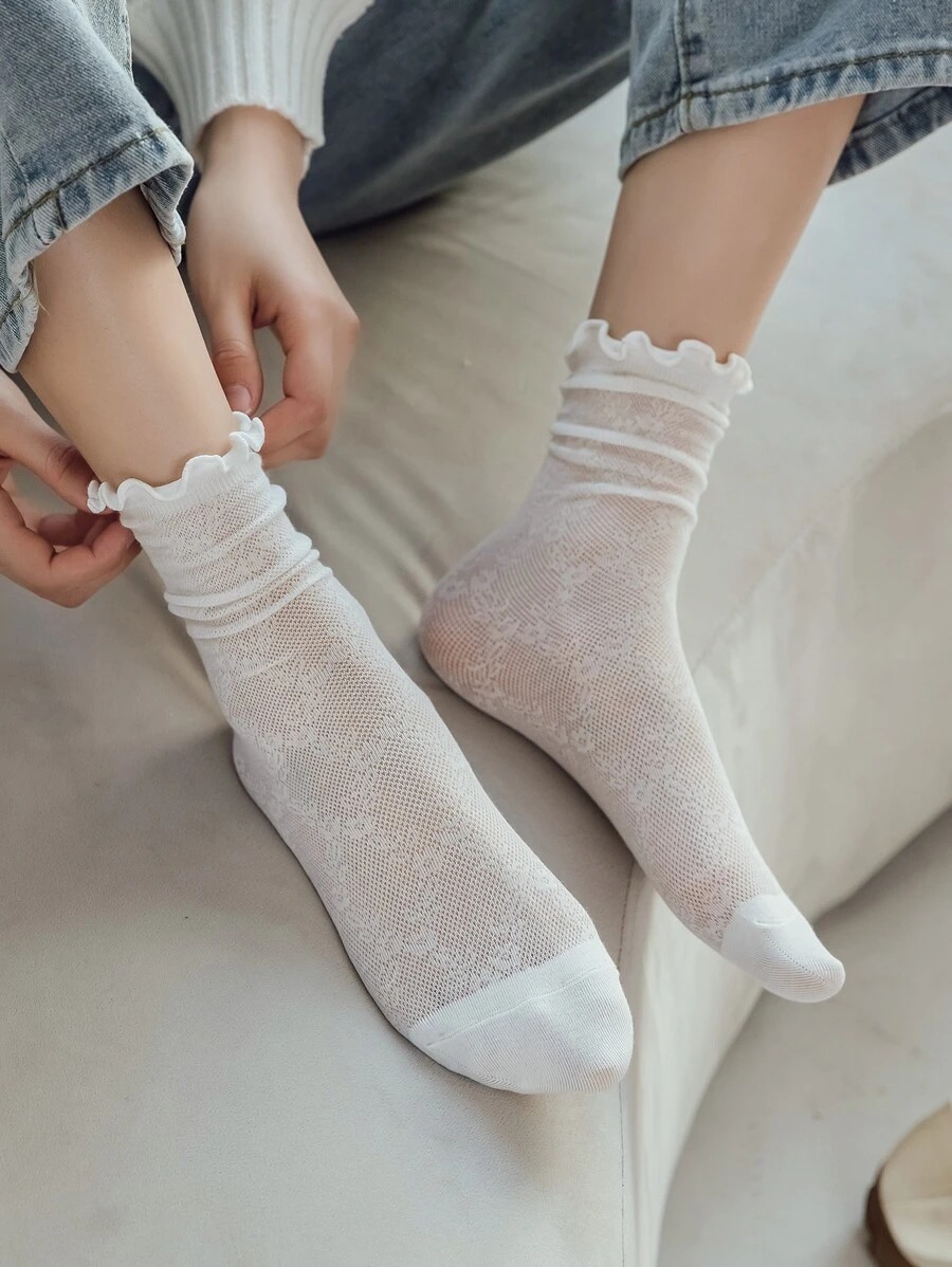 1 Pair Women Girls Socks Solid Color Fashion Mesh Crew Socks, Fall Socks - White - View 1