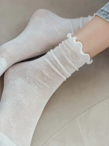 1 Pair Women Girls Socks Solid Color Fashion Mesh Crew Socks, Fall Socks - White - View 3