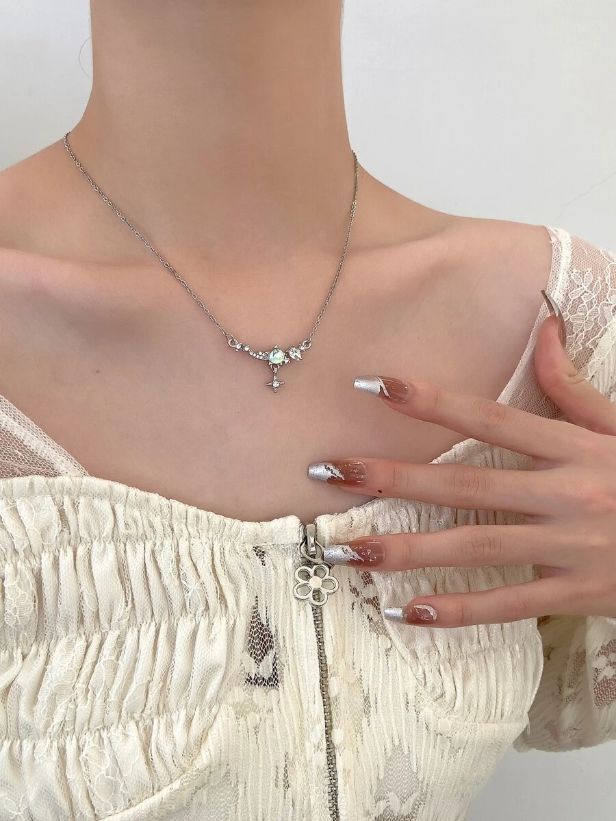 水鑽裝飾鏈條樣式項鍊 - 銀色 - 查看 1