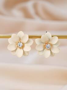 Rhinestone Decor Flower Stud Earrings - Beige - View 1