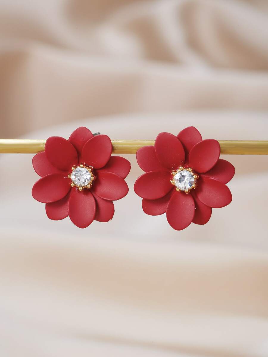 水鑽裝飾花耳釘 - 紅色 - 查看 1