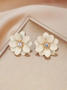 Rhinestone Decor Flower Stud Earrings - Beige - View 4