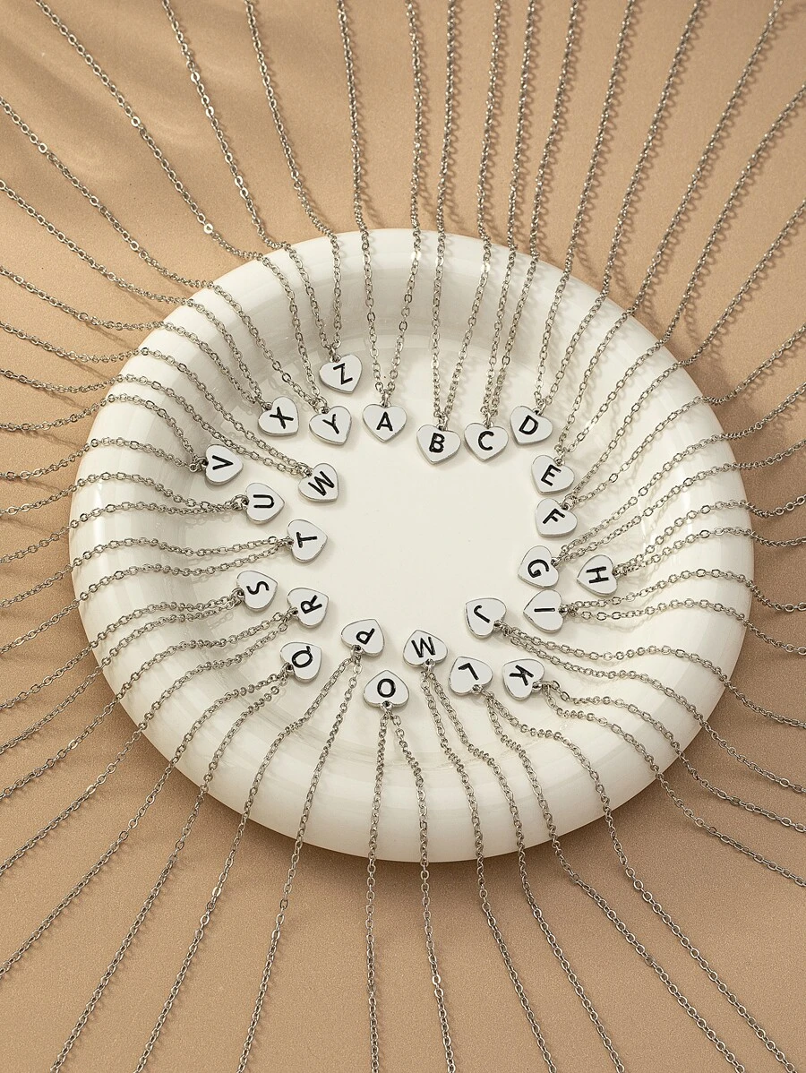 1入組字母圖案心形墜飾項鍊 - 銀色 - 查看 1