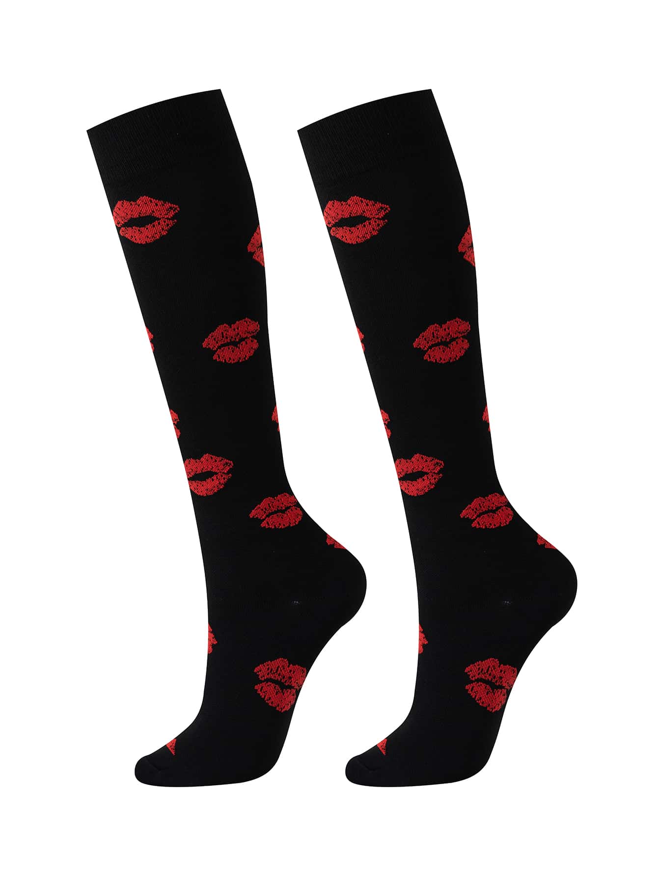 嘴唇印花中筒襪 - 黑色 - 查看 1