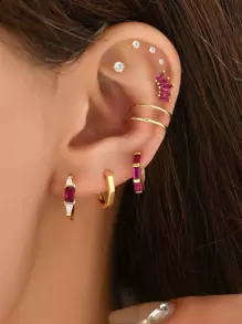 10入組/套方晶鋯石裝飾耳環 - 金黃色 - 查看 1