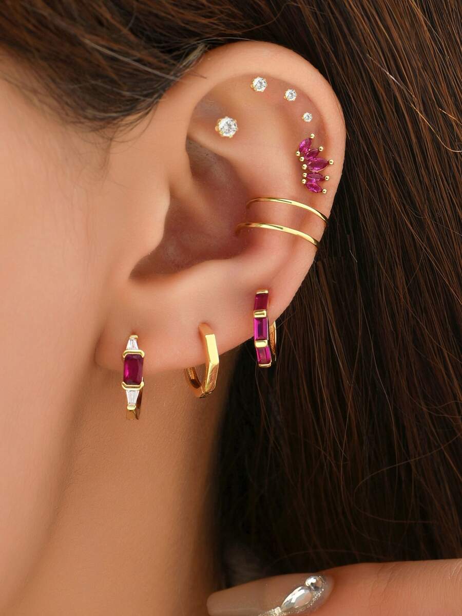 10入組/套方晶鋯石裝飾耳環 - 金黃色 - 查看 1