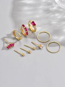 10入組/套方晶鋯石裝飾耳環 - 金黃色 - 查看 2