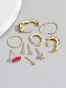 10入組/套方晶鋯石裝飾耳環 - 金黃色 - 查看 3