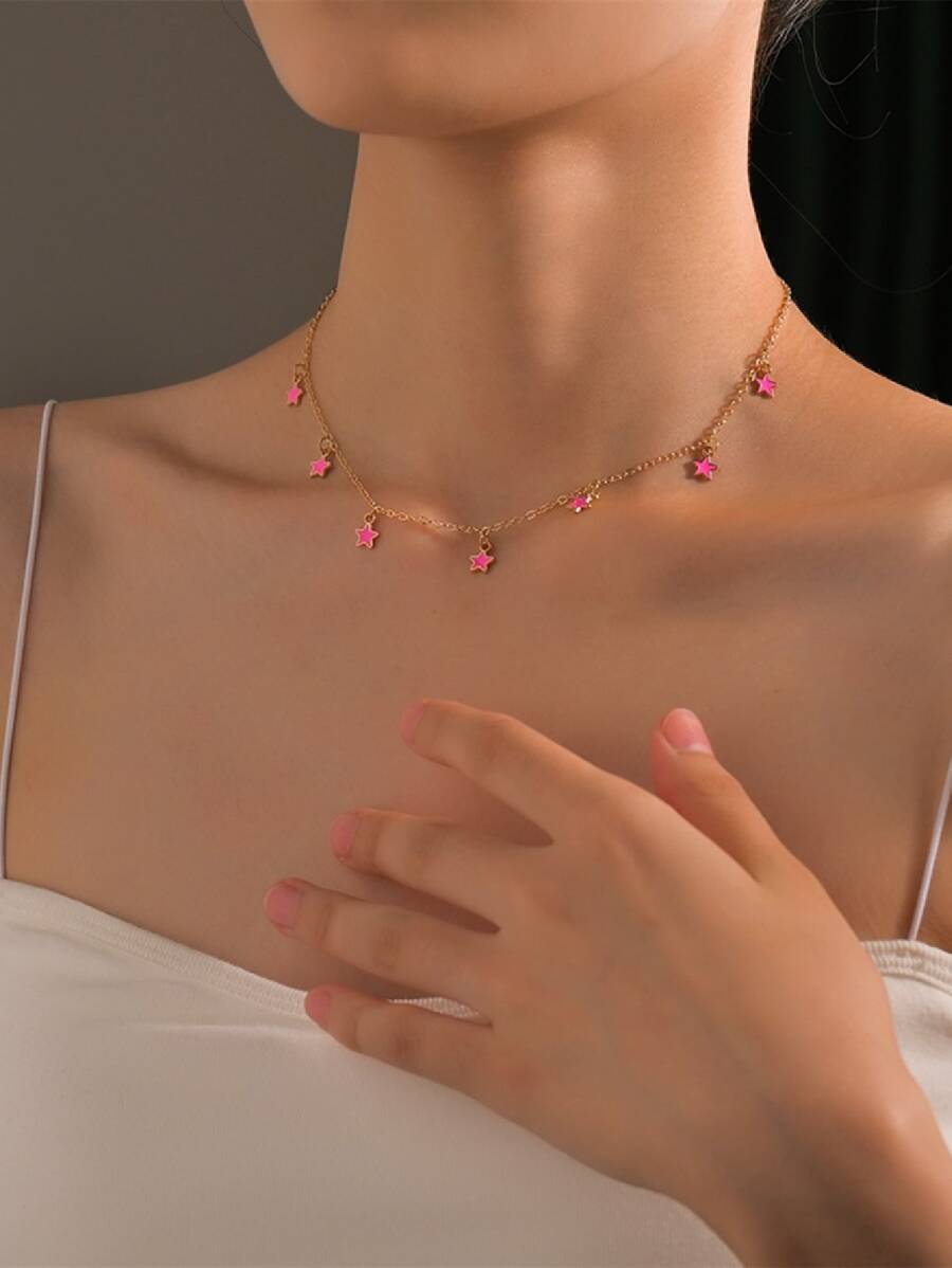 水鑽裝飾項鍊 - 玫紅色 - 查看 1