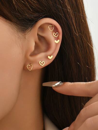 6pcs/set Heart Shaped Hollow Out Stud Earrings For Women's Daily Wear, Party, Festival, Date