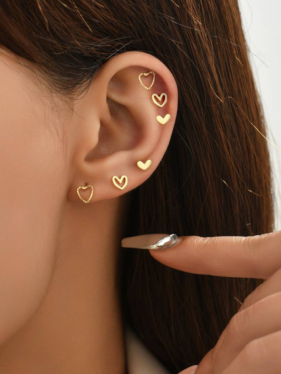 6pcs/set Heart Shaped Hollow Out Stud Earrings For Women's Daily Wear, Party, Festival, Date - Yellow Gold - View 1