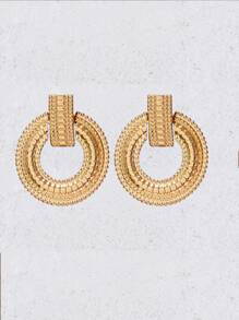 Textured Metal Round Drop Earrings - Yellow Gold - View 2
