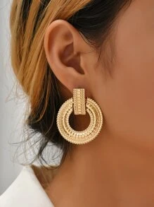 Textured Metal Round Drop Earrings - Yellow Gold - View 4