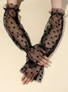 Polka Dot Print Ruffle Trim Tay áo cánh tay - màu đen - Xem 1