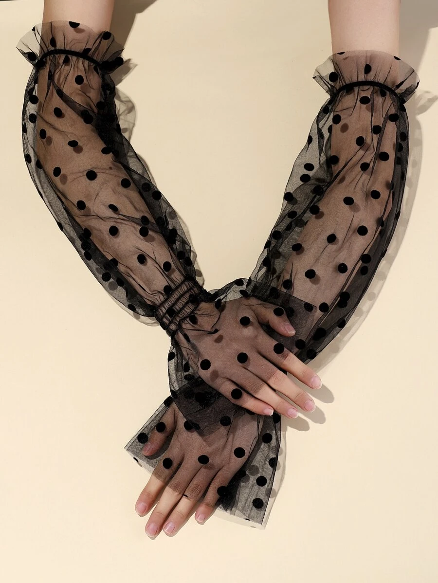 Polka Dot Print Ruffle Trim Tay áo cánh tay - màu đen - Xem 1