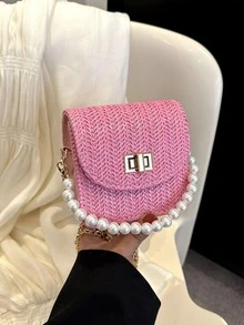 Mini Faux Pearl Decor Twist Lock Flap Chain Straw Bag - Hot Pink - View 1