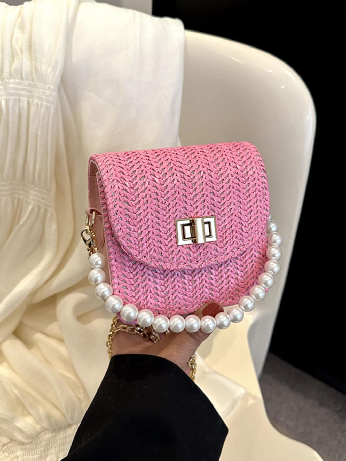 Mini Faux Pearl Decor Twist Lock Flap Chain Straw Bag - Hot Pink - View 1