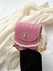 Mini Faux Pearl Decor Twist Lock Flap Chain Straw Bag - Hot Pink - View 2