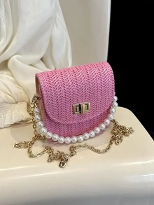 Mini Faux Pearl Decor Twist Lock Flap Chain Straw Bag - Hot Pink - View 3
