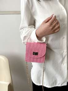 Mini Faux Pearl Decor Twist Lock Flap Chain Straw Bag - Hot Pink - View 4