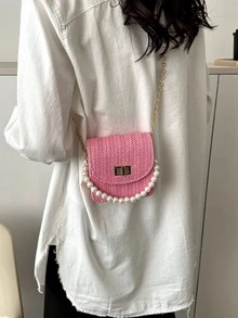 Mini Faux Pearl Decor Twist Lock Flap Chain Straw Bag - Hot Pink - View 5