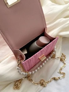 Mini Faux Pearl Decor Twist Lock Flap Chain Straw Bag - Hot Pink - View 6