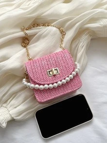 Mini Faux Pearl Decor Twist Lock Flap Chain Straw Bag - Hot Pink - View 7