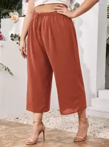 SHEIN LUNE 大碼素色打結彈性腰帶七分褲 - 鏽棕色 - 查看 1