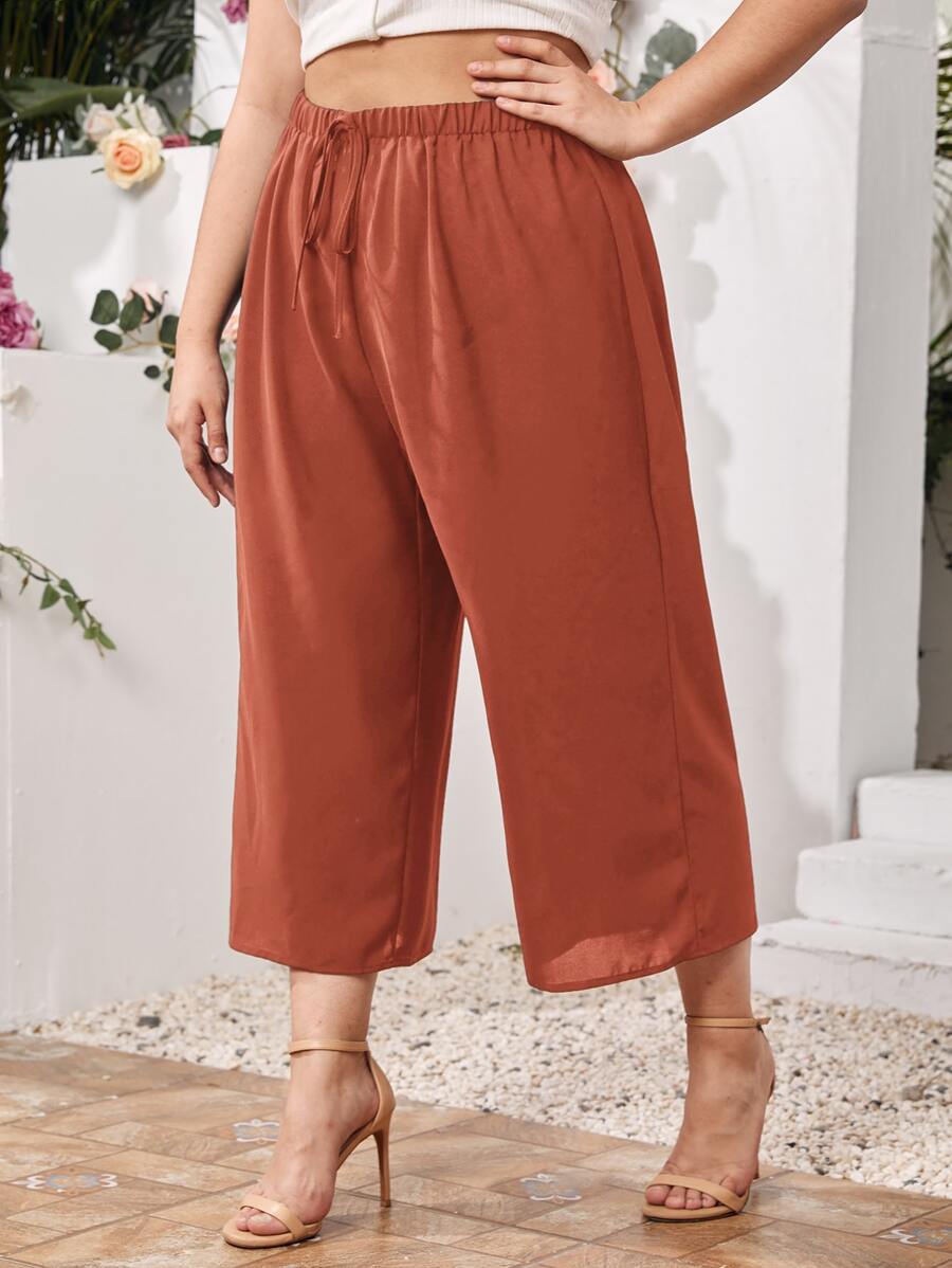 SHEIN LUNE 大碼素色打結彈性腰帶七分褲 - 鏽棕色 - 查看 1