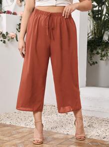 SHEIN LUNE 大碼素色打結彈性腰帶七分褲 - 鏽棕色 - 查看 3