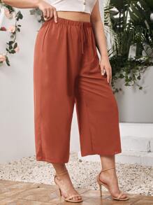 SHEIN LUNE 大碼素色打結彈性腰帶七分褲 - 鏽棕色 - 查看 4