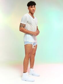 FeverCity Hombres Shorts en mezclilla algodón desgarro bajo con fleco - Lavado ligero - Ver 3