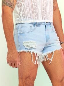 FeverCity Hombres Shorts en mezclilla algodón desgarro bajo con fleco - Lavado ligero - Ver 4