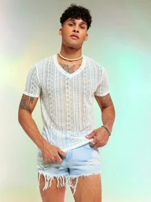 FeverCity Hombres Shorts en mezclilla algodón desgarro bajo con fleco - Lavado ligero - Ver 5