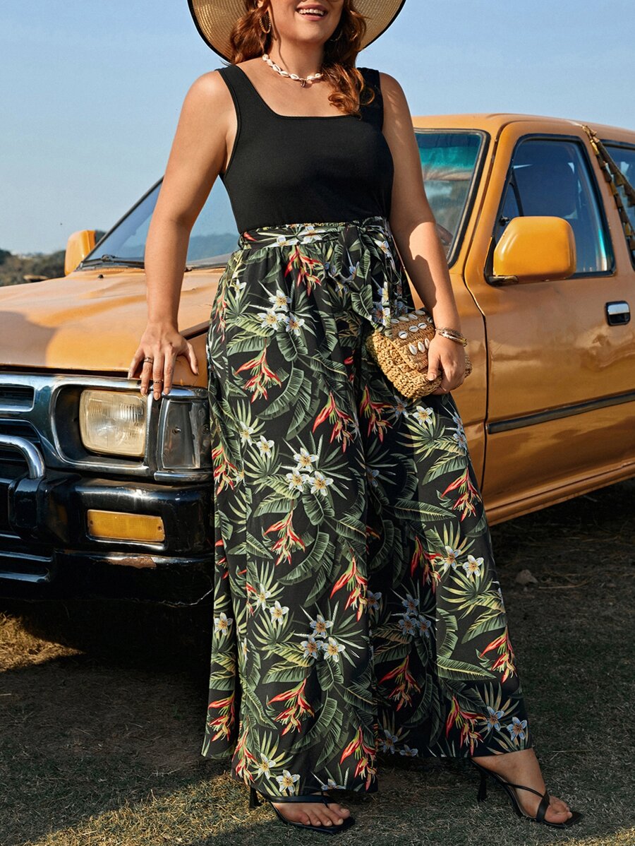 SHEIN VCAY Plus Tropical Print Belted Wide Leg Jumpsuit - Multicolor - View 1