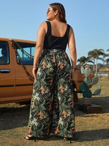 SHEIN VCAY Plus Tropical Print Belted Wide Leg Jumpsuit - Multicolor - View 2