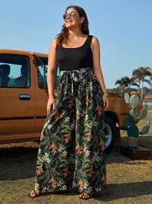 SHEIN VCAY Plus Tropical Print Belted Wide Leg Jumpsuit - Multicolor - View 3