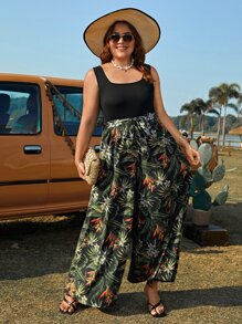 SHEIN VCAY Plus Tropical Print Belted Wide Leg Jumpsuit - Multicolor - View 4