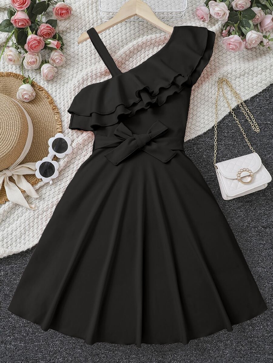 SHEIN Chicas adolescentes Vestido con cinturón de cuello asimétrico ...