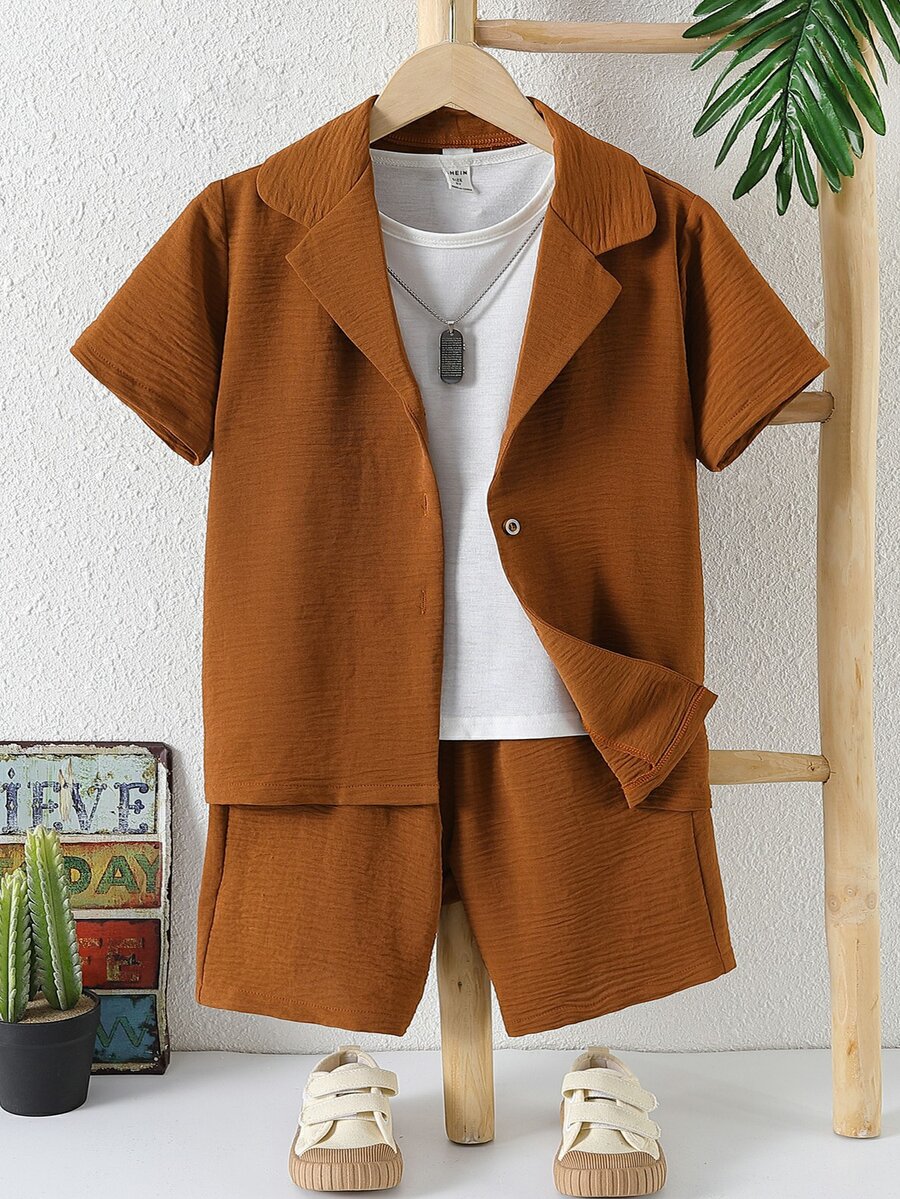SHEIN Boys Solid Lapel Neck Shirt & Shorts Without Tee - Coffee Brown - View 1