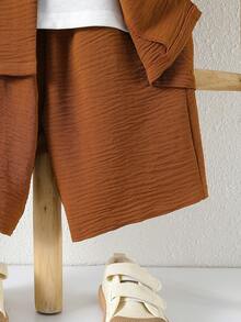 SHEIN Boys Solid Lapel Neck Shirt & Shorts Without Tee - Coffee Brown - View 4