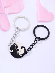 2pcs Women's Alloy Cat Shaped Keychain, Stainless Steel Keyring, Heart Shaped Couple Cat Pendant Keychain For Valentine'S Gift, Boyfriend'S Gift - Multicolor - View 1