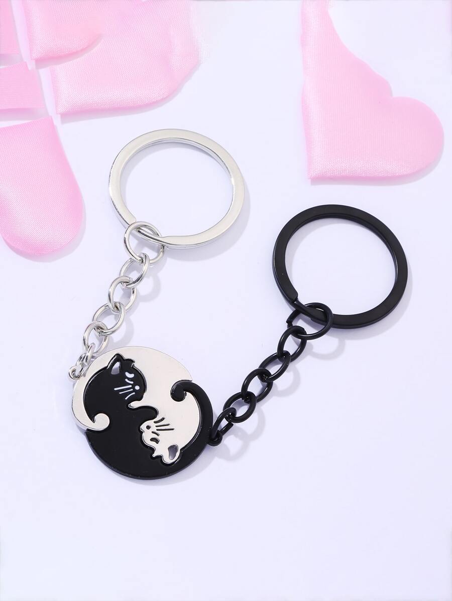 2pcs Women's Alloy Cat Shaped Keychain, Stainless Steel Keyring, Heart Shaped Couple Cat Pendant Keychain For Valentine'S Gift, Boyfriend'S Gift - Multicolor - View 1