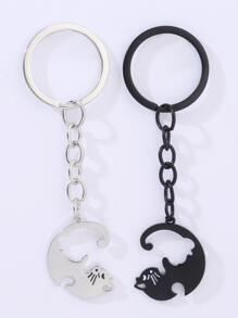 2pcs Women's Alloy Cat Shaped Keychain, Stainless Steel Keyring, Heart Shaped Couple Cat Pendant Keychain For Valentine'S Gift, Boyfriend'S Gift - Multicolor - View 3