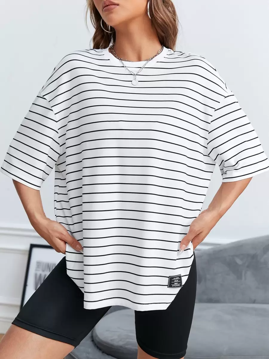 SHEIN EZwear 條紋印花落肩T恤 - 白色 - 查看 1