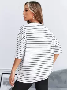 SHEIN EZwear 條紋印花落肩T恤 - 白色 - 查看 3