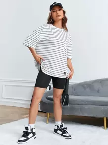 SHEIN EZwear 條紋印花落肩T恤 - 白色 - 查看 4