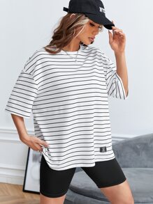 SHEIN EZwear 條紋印花落肩T恤 - 白色 - 查看 5